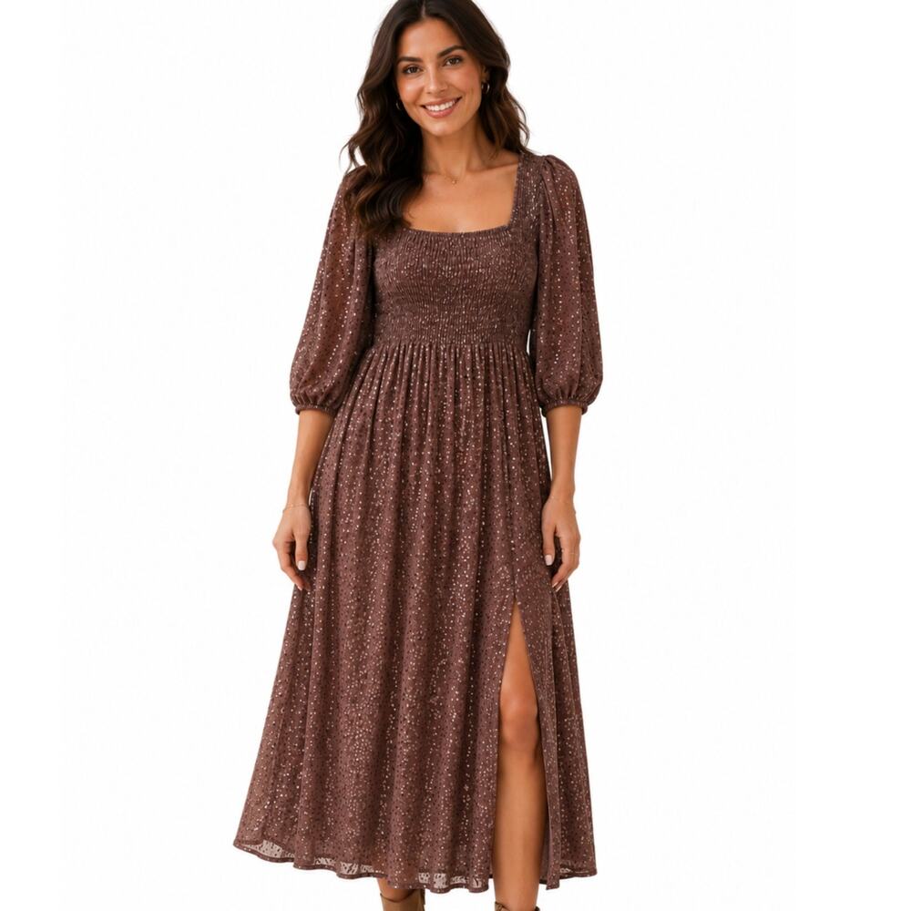 Saltwater Luxe Rider Midi Dress Womens Large Brown Animal Print Smocked Boho